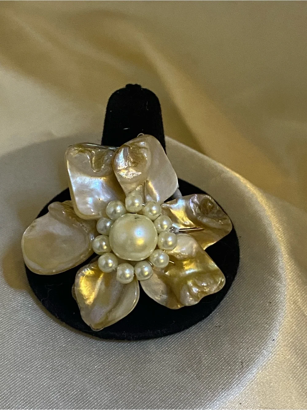 Vintage Mother-of-Pearl Flower Statement Ring with Faux Pearl Cluster